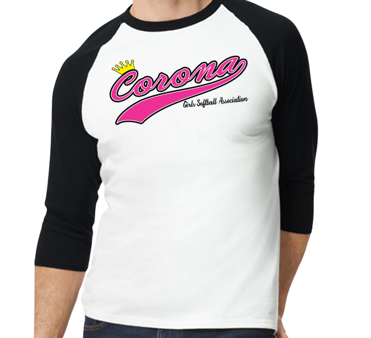 Corona Softball Raglan 3/4 Sleeve T-Shirt - Black/White (Style 1)