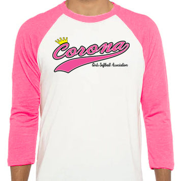 Corona Softball Raglan 3/4 Sleeve T-Shirt - Pink/White (Style 1)