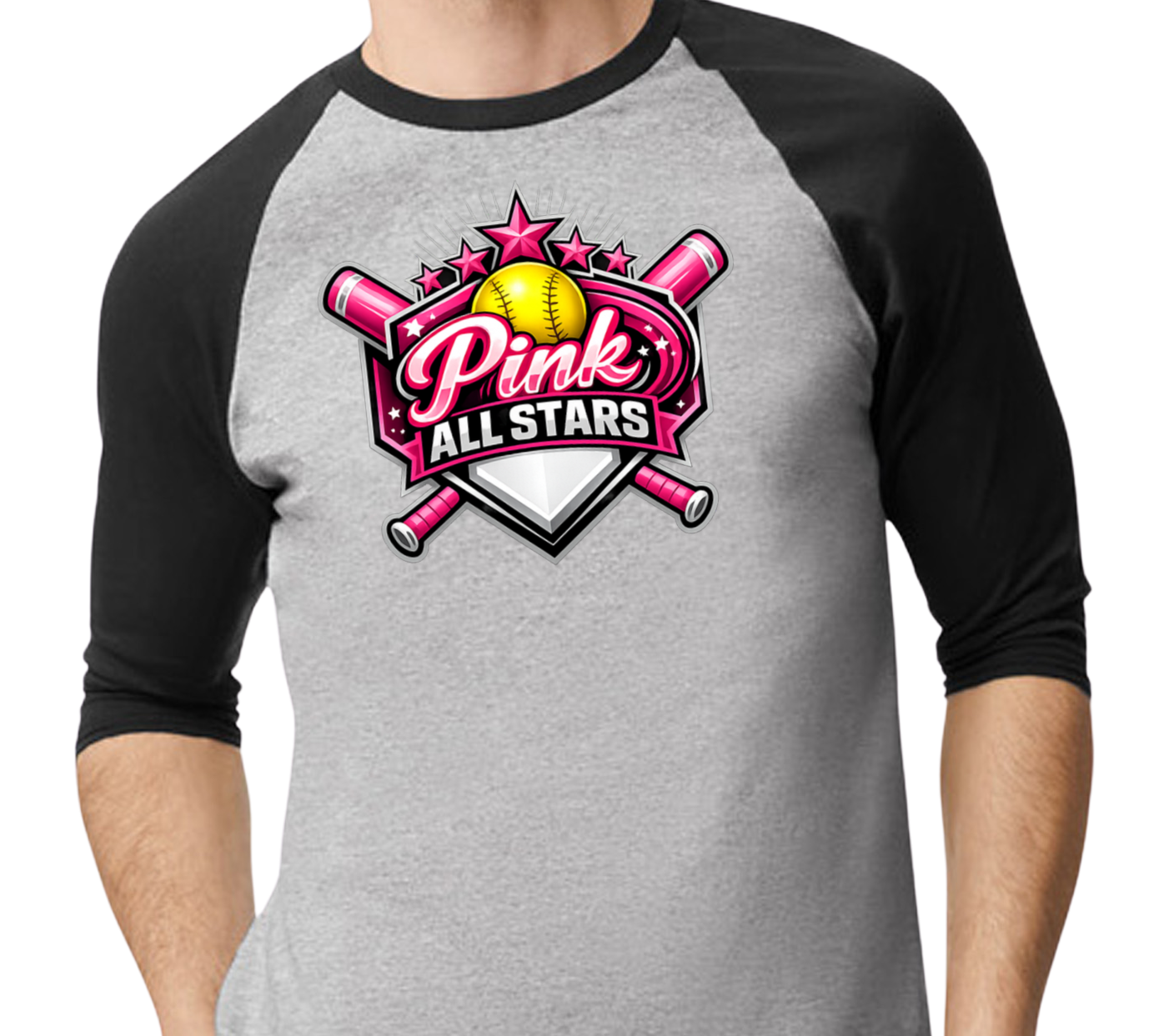 Pink All Stars Raglan 3/4 Sleeve T-Shirt - Black/Gray