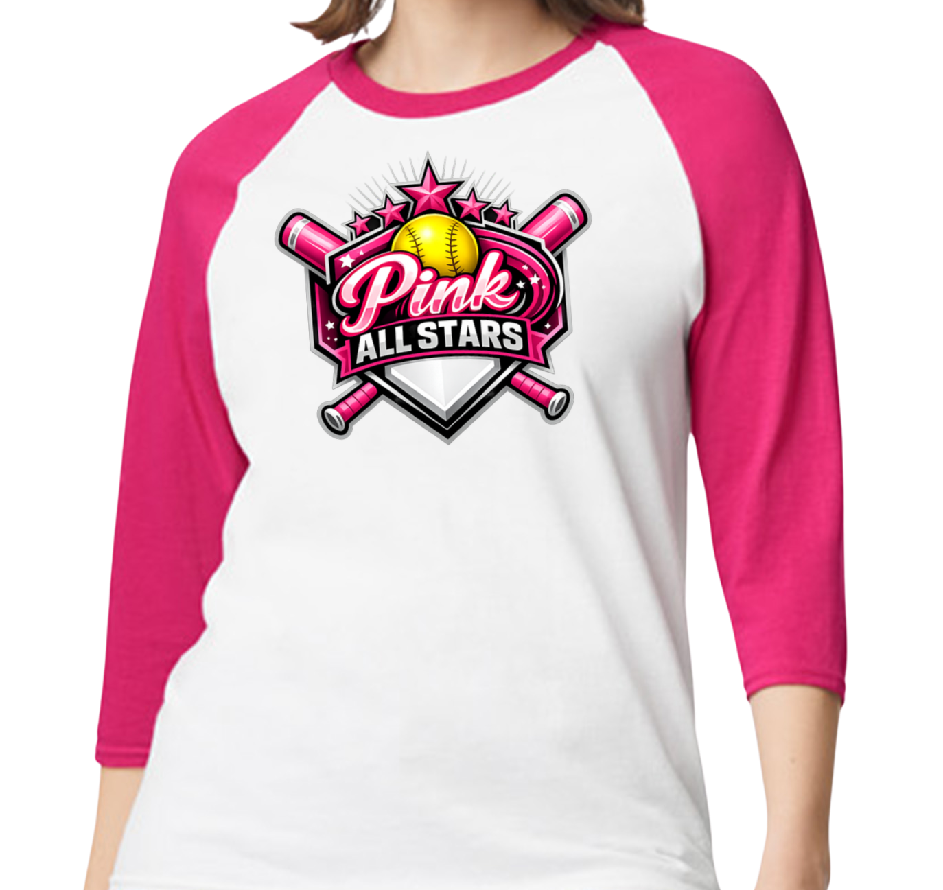 Pink All Stars Raglan 3/4 Sleeve T-Shirt - Pink/White