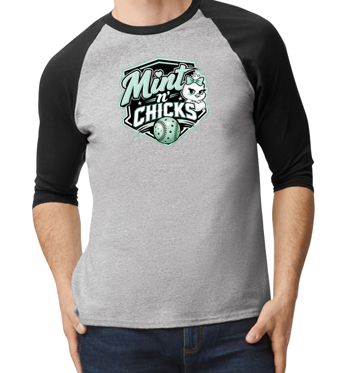 Mint N' Chicks Raglan 3/4 Sleeve T-Shirt - Black/Gray
