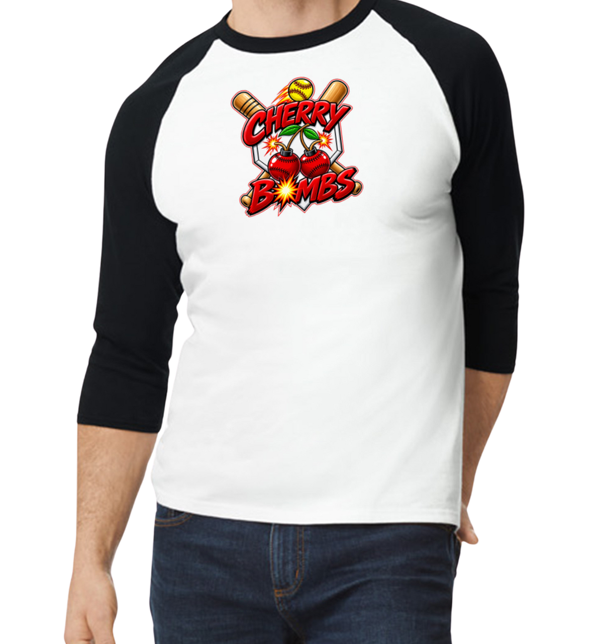 Cherry Bombs Raglan 3/4 Sleeve T-Shirt - Black/White