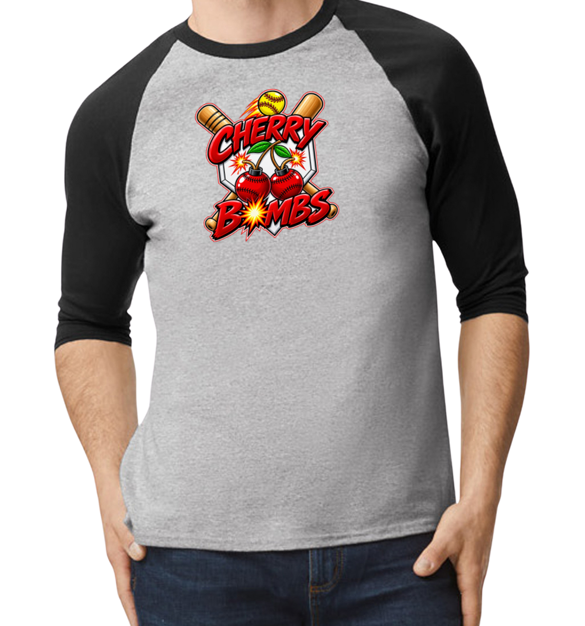Cherry Bombs Raglan 3/4 Sleeve T-Shirt - Black/Gray