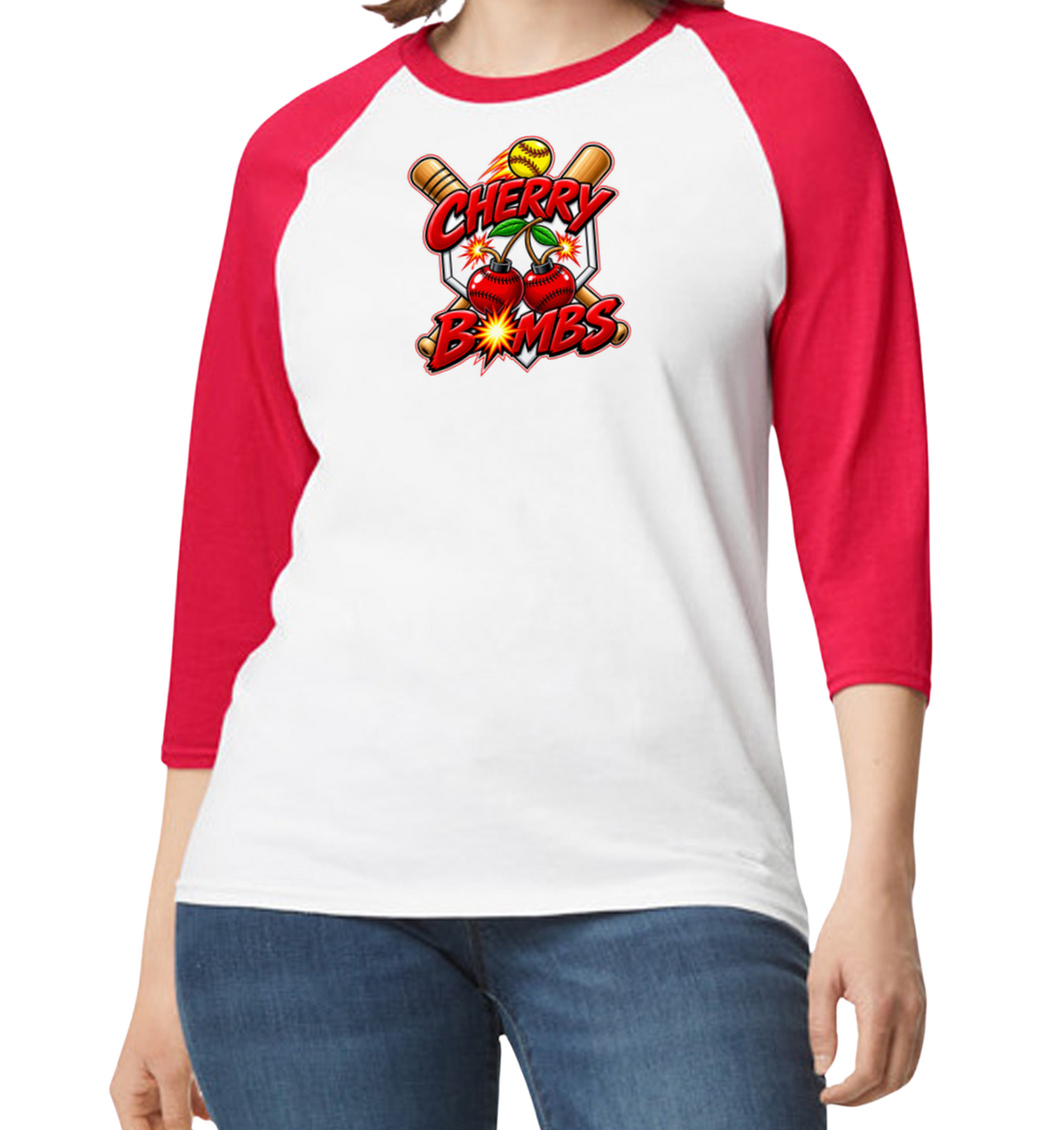 Cherry Bombs Raglan 3/4 Sleeve T-Shirt - Red/White