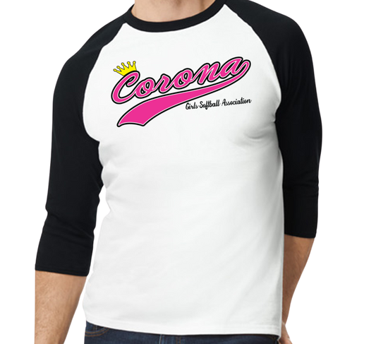 Corona Softball Raglan 3/4 Sleeve T-Shirt - Black/White (Style 1)
